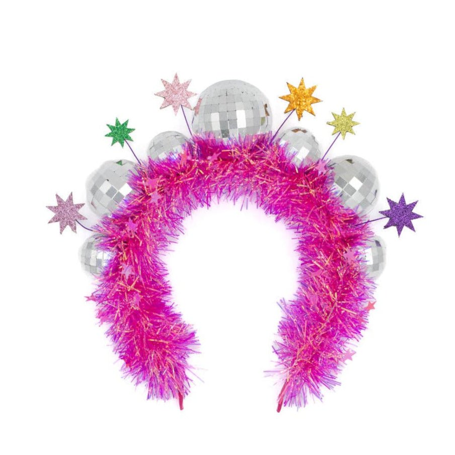 Hot pink tinsel headband with disco balls and glitter stars