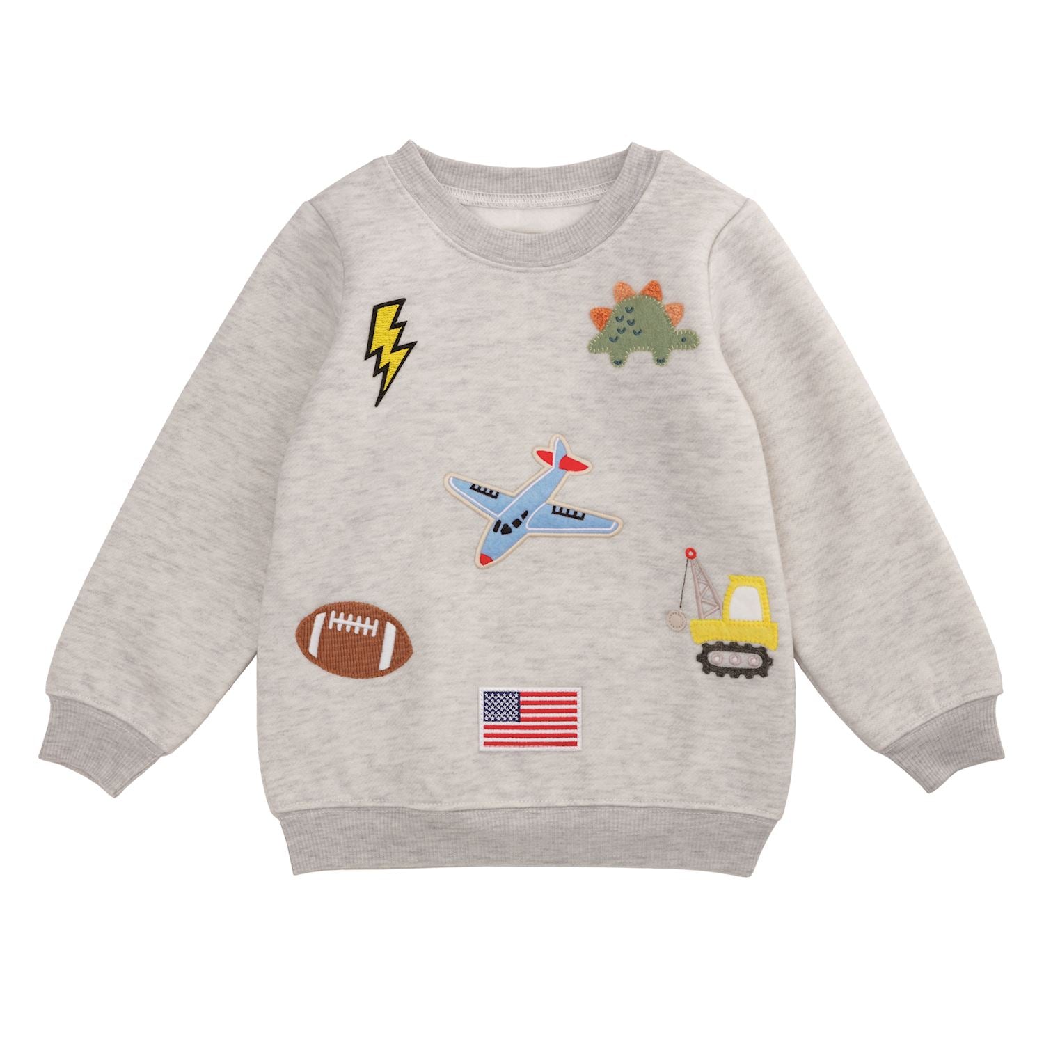 Gray toddler sweatshirt with felt and boucle patches of football, dinosaur, plane, and more