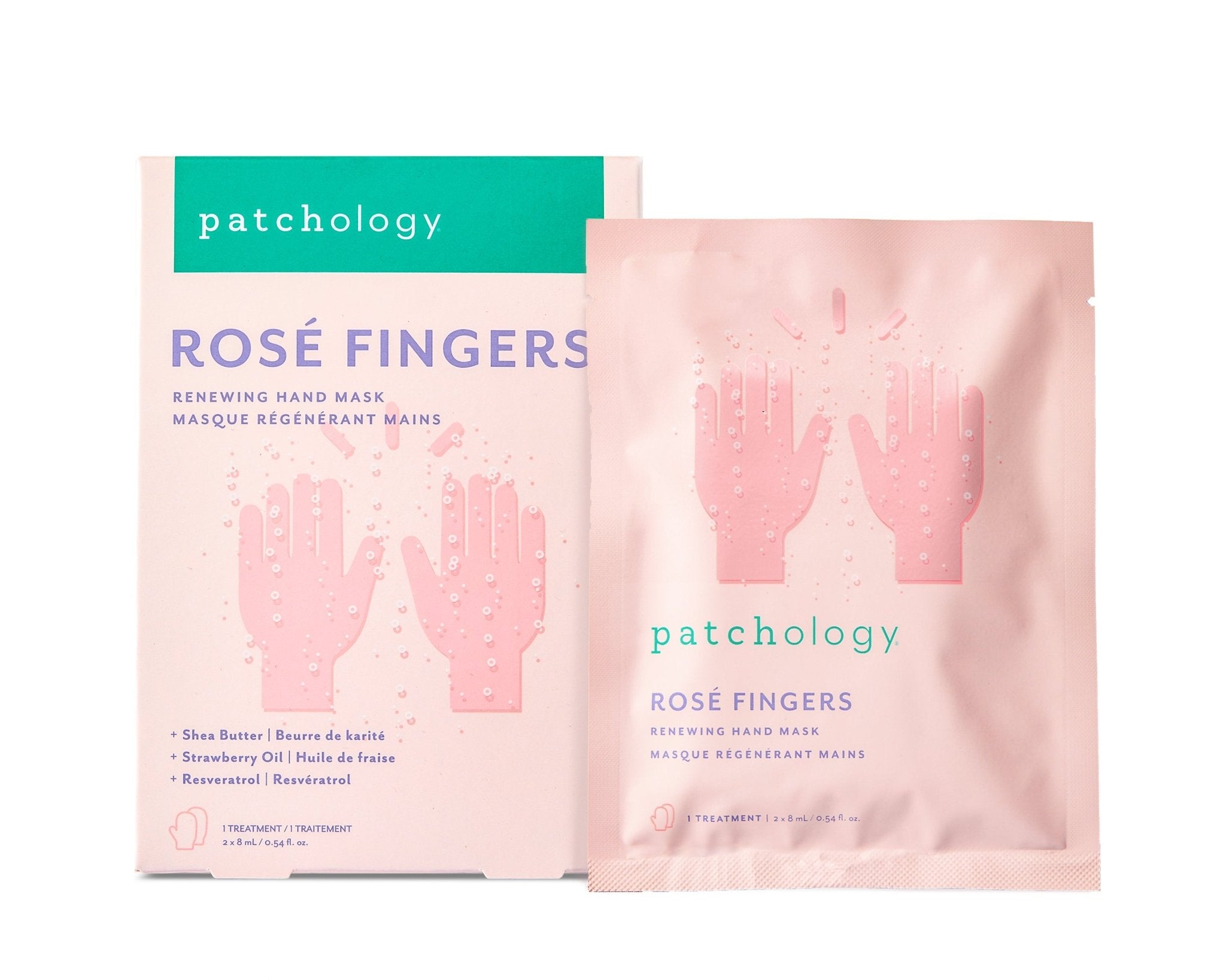 Patchology Rosé Fingers Renewing Hand Mask with shea butter, strawberry oil, and resveratrol