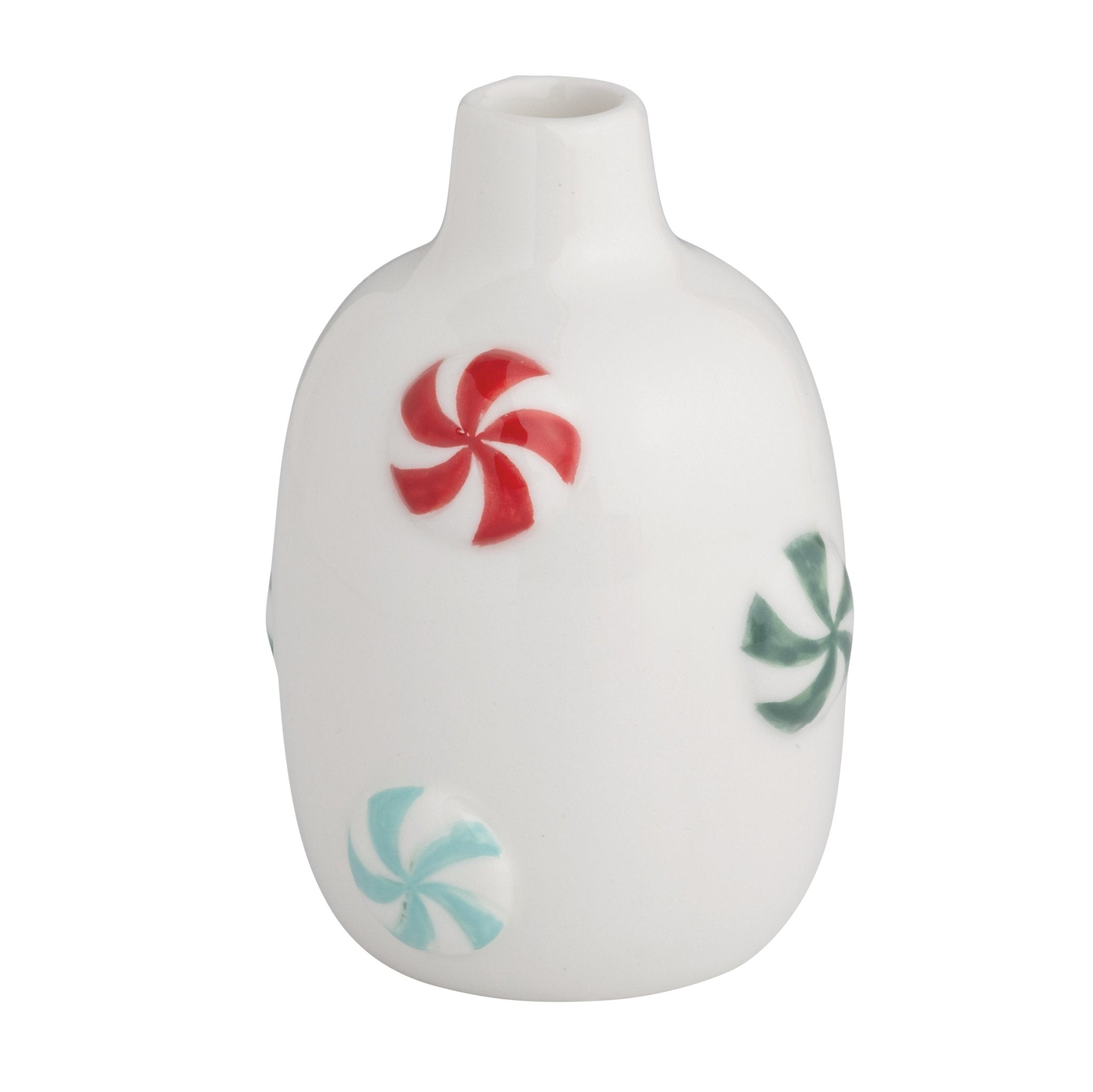 White ceramic vase with raised red, green, and aqua peppermint candy accents.