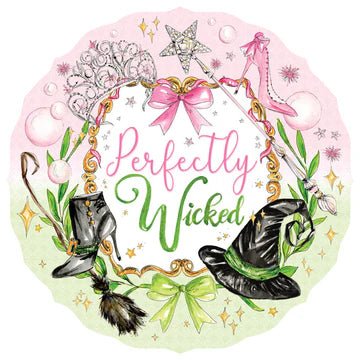 Circular paper placemat featuring “Perfectly Wicked” in pink and green, with witchy and glam illustrations