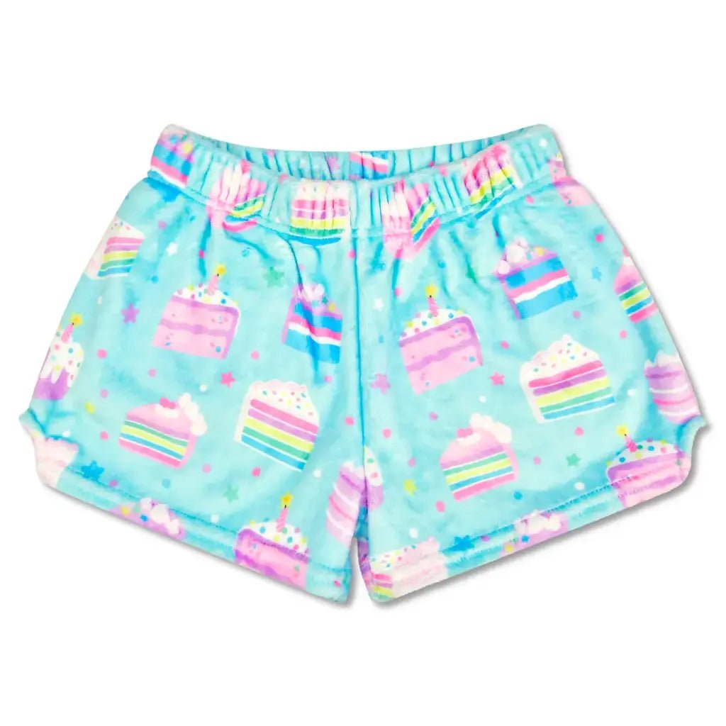 Aqua plush shorts with pastel rainbow cake print for girls