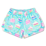 Aqua plush shorts with pastel rainbow cake print for girls