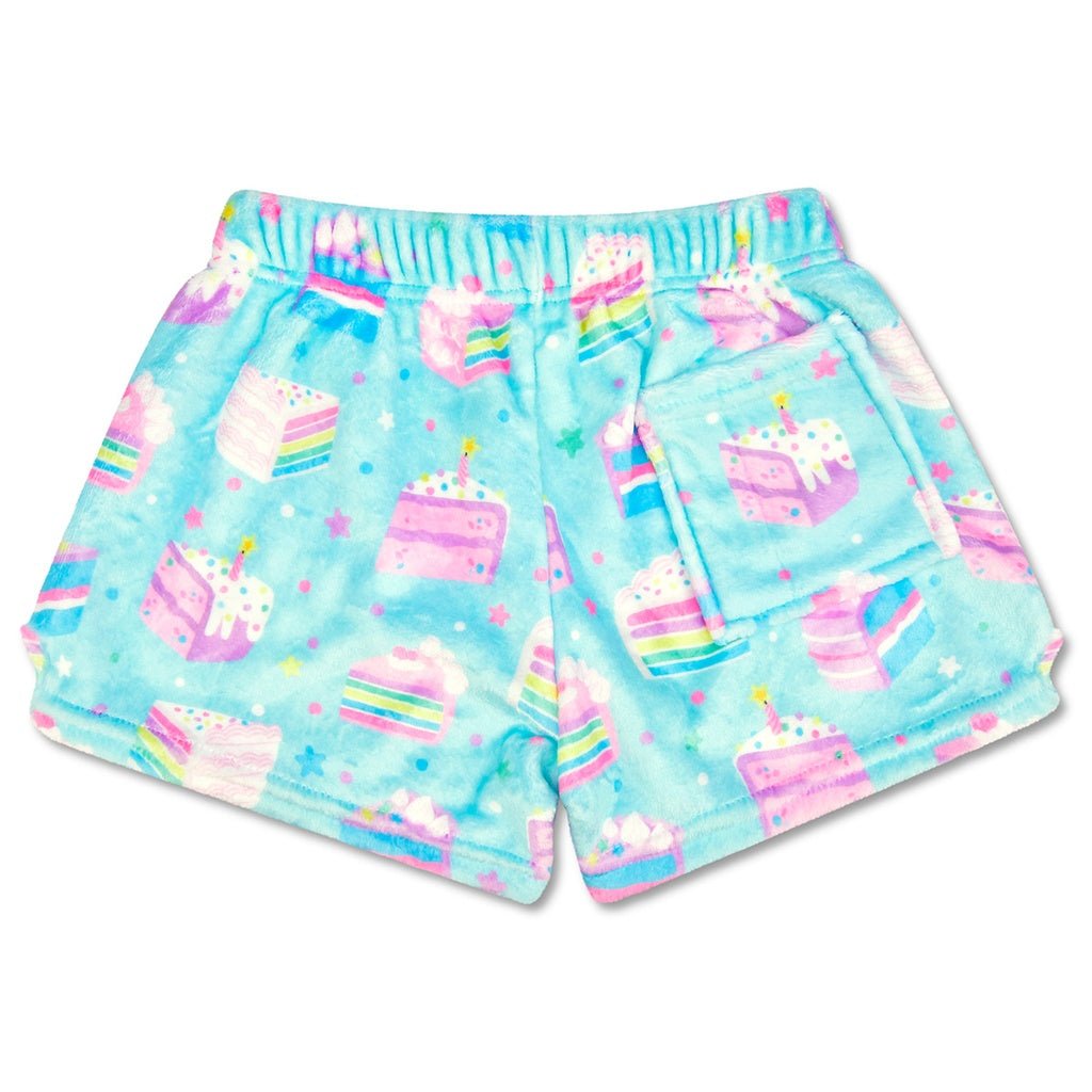 Aqua plush shorts with pastel rainbow cake print for girls