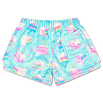 Aqua plush shorts with pastel rainbow cake print for girls