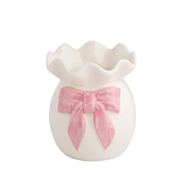 White ceramic bud vase with pink bow and ruffled top edge.