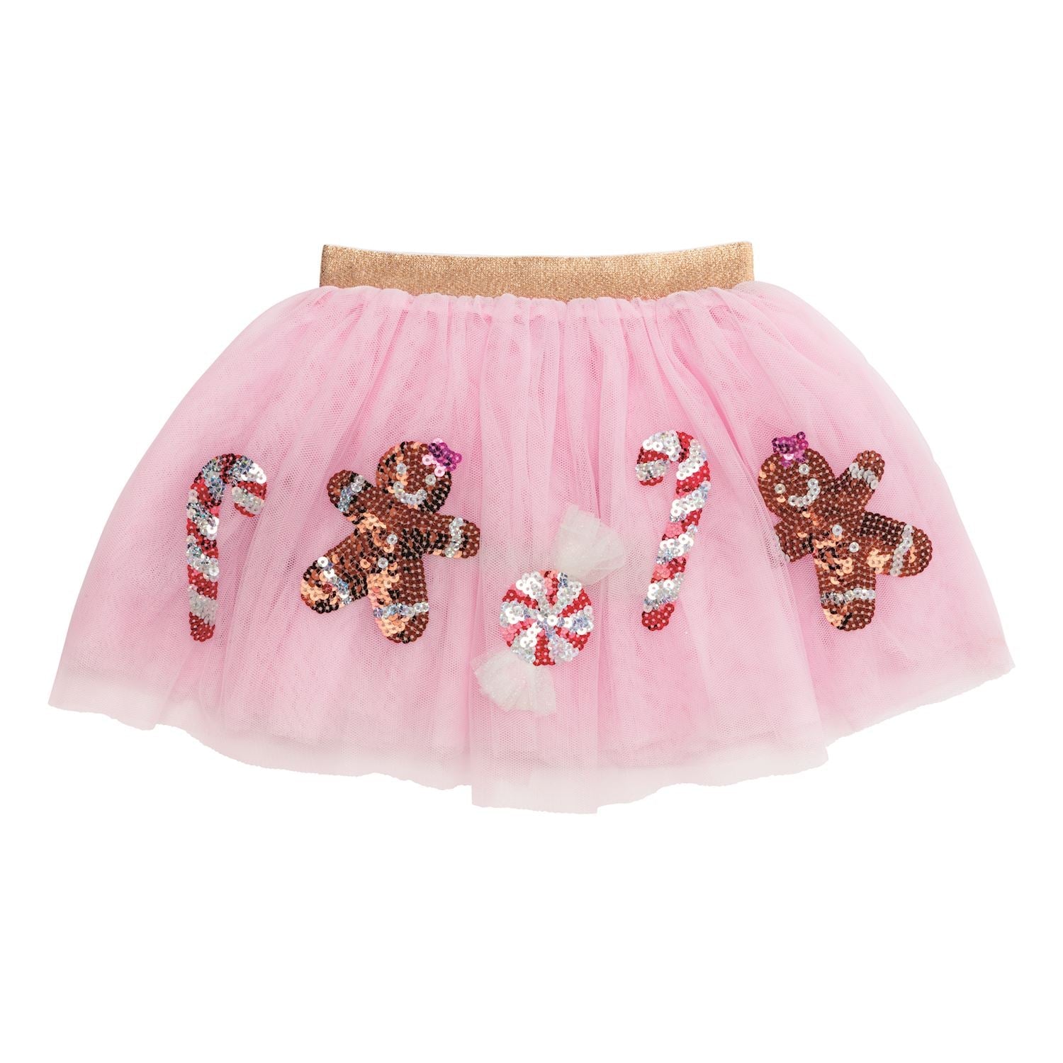 Pink mesh girls tutu skirt with sequin gingerbread, candy cane, and peppermint icons and gold waistband