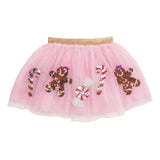 Pink mesh girls tutu skirt with sequin gingerbread, candy cane, and peppermint icons and gold waistband