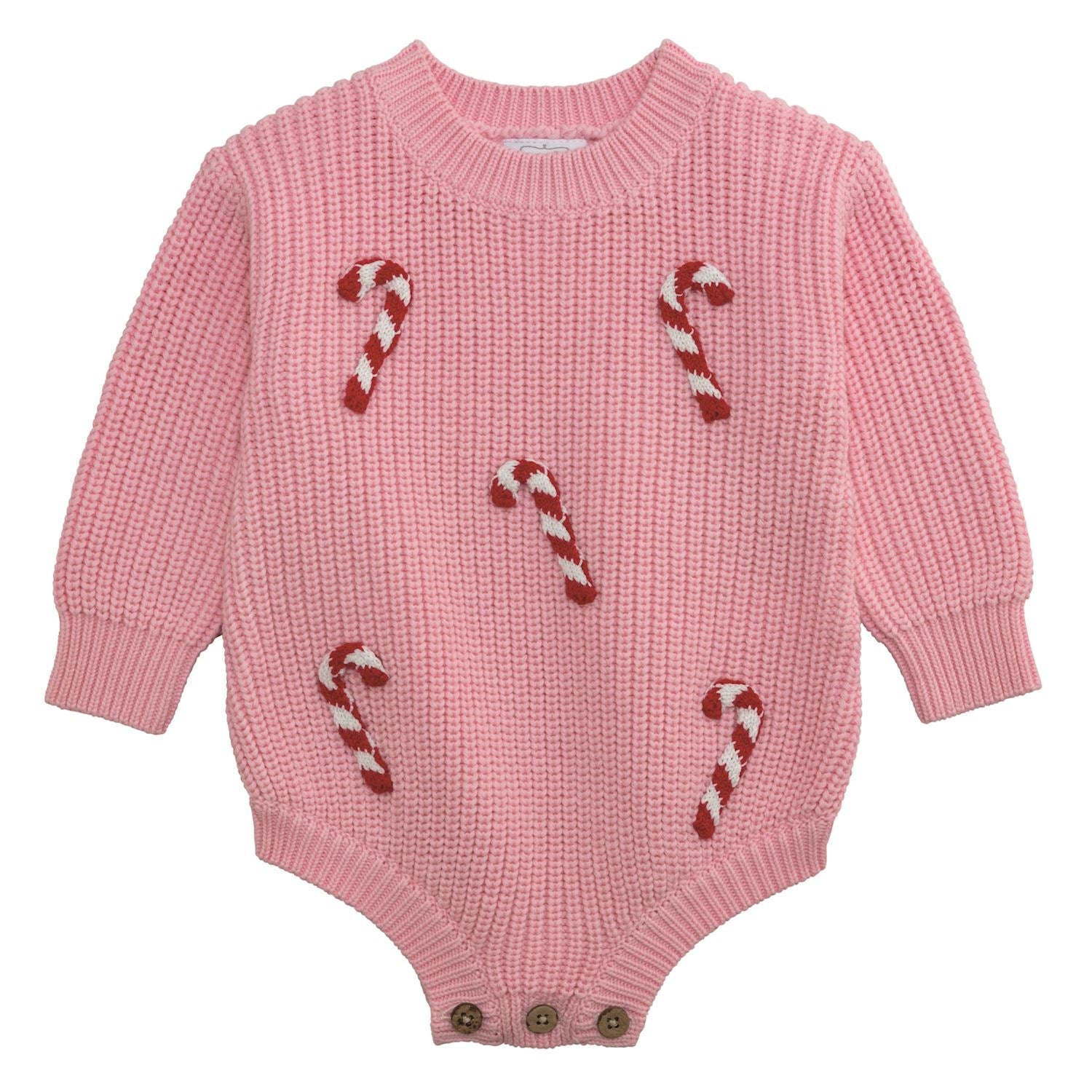 Pink knit baby sweater bubble with red and white crochet candy canes and wood button leg closure