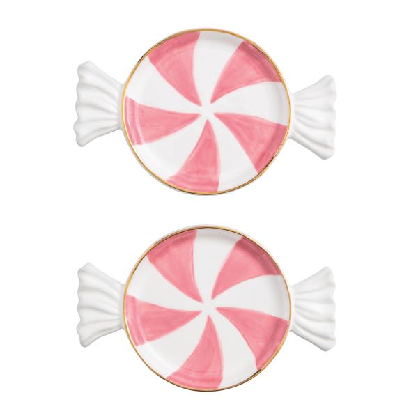 Pink peppermint-shaped tidbit plate set with gold rim