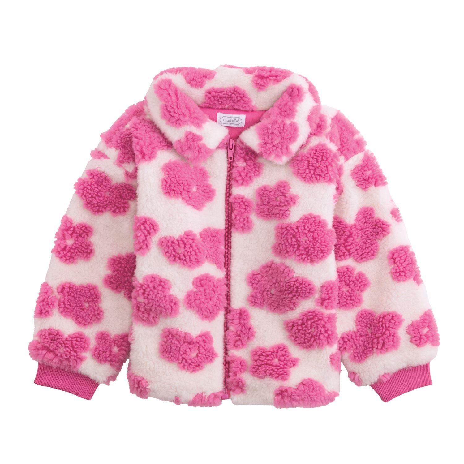 Pink and cream toddler sherpa jacket with fuzzy flower pattern, front zipper, and ribbed cuffs