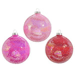 Set of three 4-inch pink glass glitter ball ornaments in assorted shimmering designs.