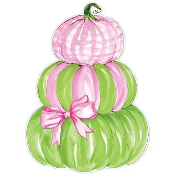 Die-cut placemat with stacked pink and green pumpkins tied with a pink bow