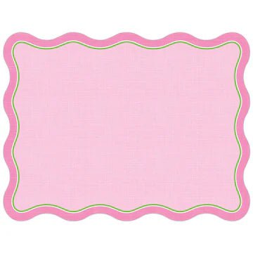 Pink scalloped-edge paper placemat with green trim and subtle linen texture
