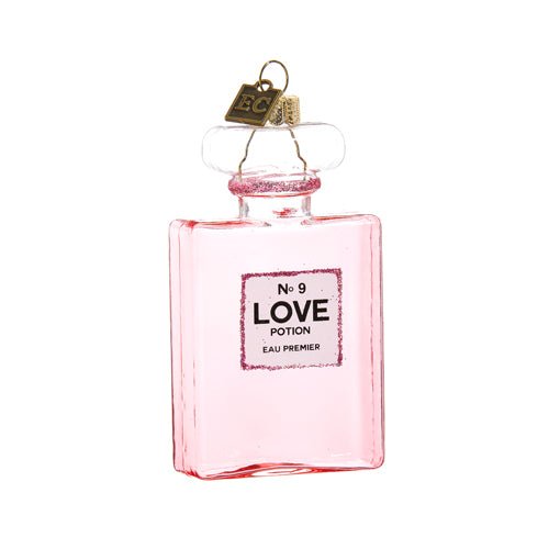 Eric Cortina 4-inch pink Love Potion No. 9 glass and plastic ornament with whimsical bottle design, gift boxed.