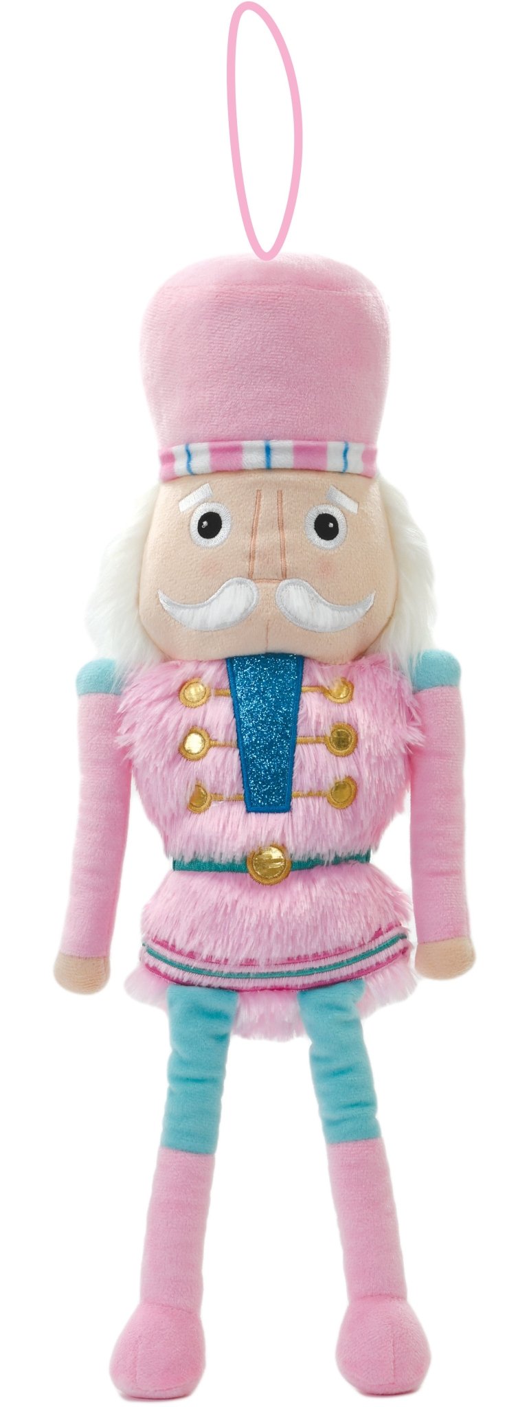 Pink Nutcracker plush ornament with faux fur, fleece, metallic embroidery, and hanging loop, measuring 7 inches tall.