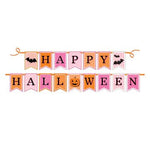 Pink and orange Halloween banner with “Happy Halloween” message, bats, and pumpkin