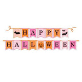 Pink and orange Halloween banner with “Happy Halloween” message, bats, and pumpkin