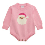 Pink knit baby sweater bubble with Santa face and wood button leg closure