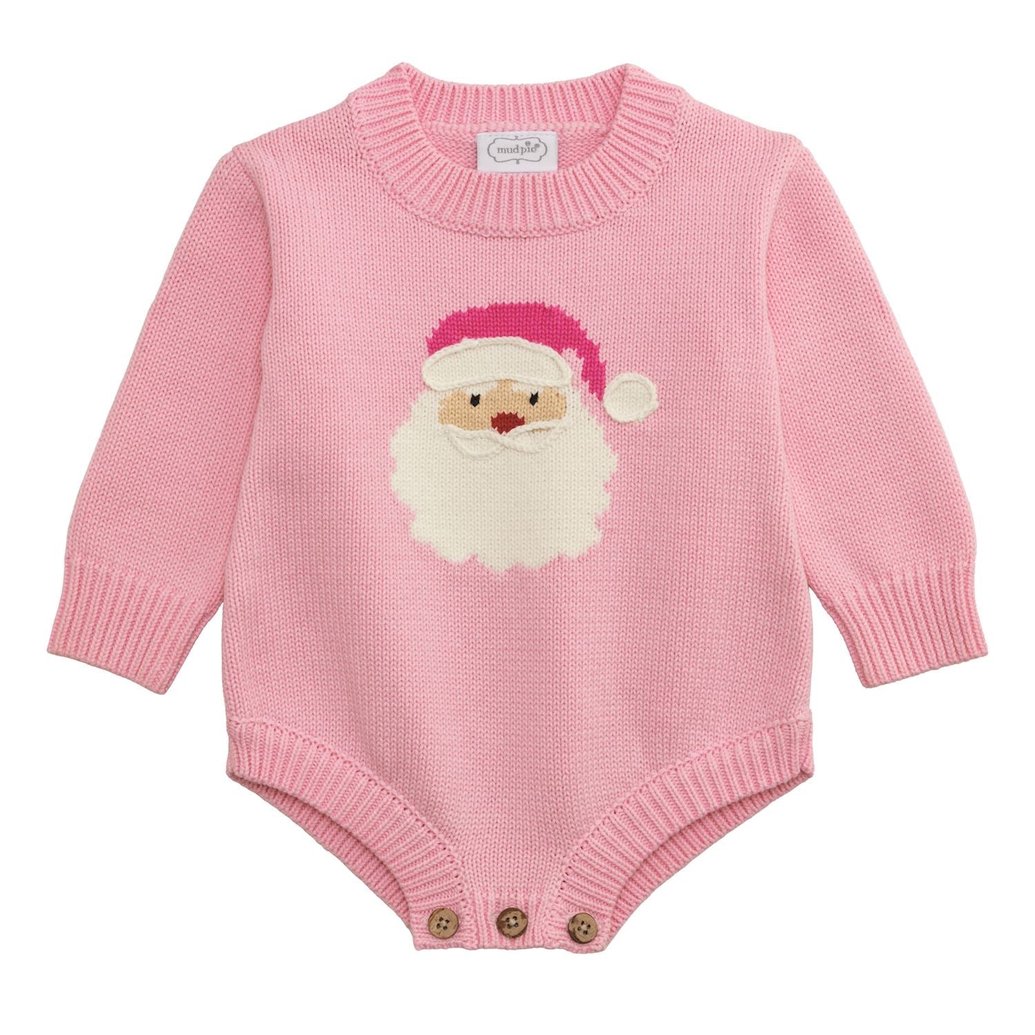 Pink knit baby sweater bubble with Santa face and wood button leg closure