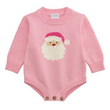 Pink knit baby sweater bubble with Santa face and wood button leg closure