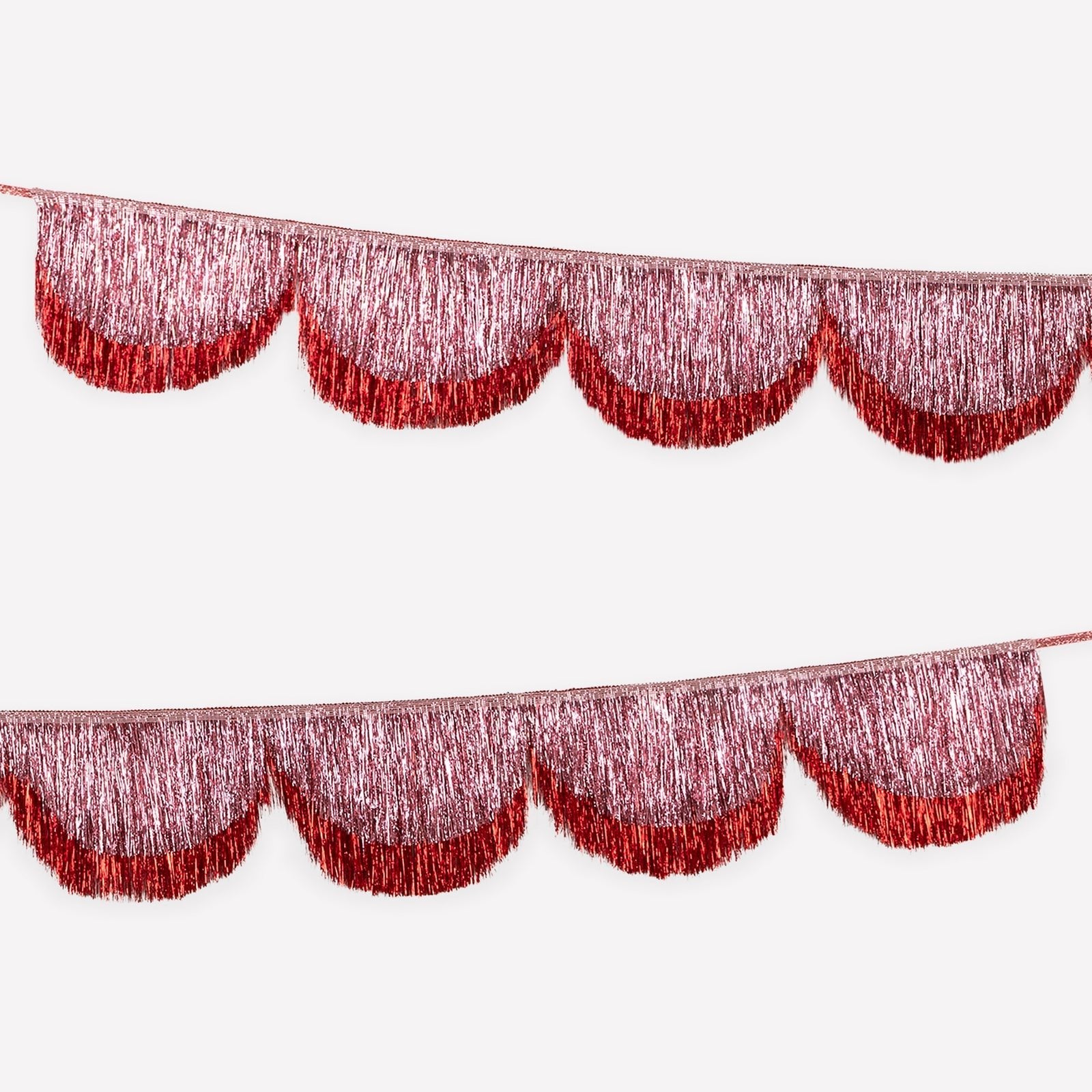 Pink and red scalloped tinsel garland with glitter ribbon for Christmas decorating