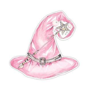 Pink witch hat die-cut accent with sparkly wand and silver buckle