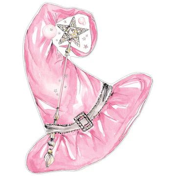 Pink witch hat-shaped placemat with glittery wand and silver belt details