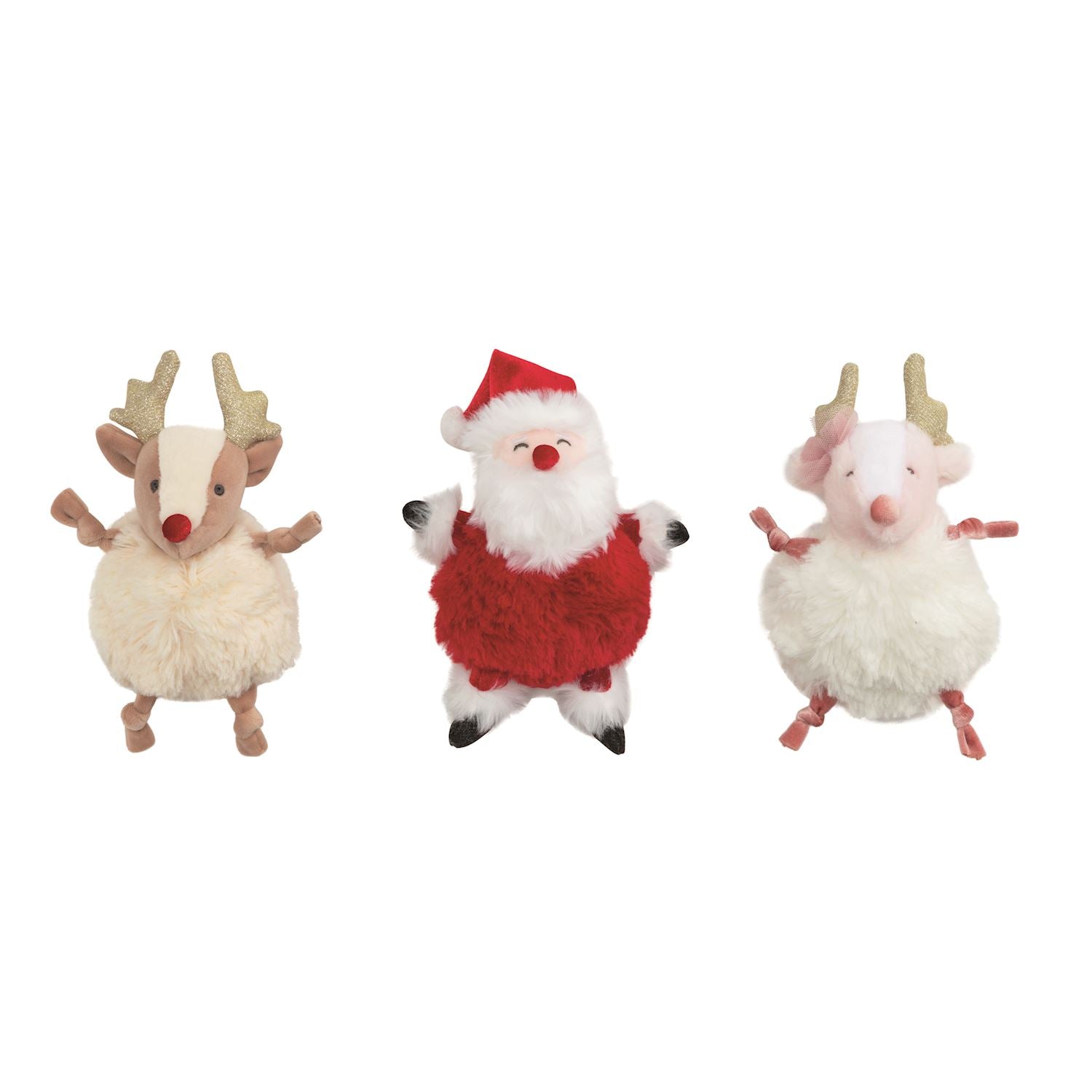 Santa and reindeer plush pom characters with weighted bottoms