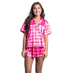 Jane Marie Preppy Girl Satin Pajama Short Set in pink gingham with button-up top and elastic shorts.