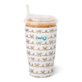 Ivory iced cup coolie with gold bow pattern for 30-32oz cold beverage cups