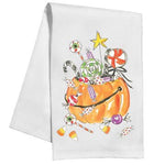 White kitchen towel with watercolor-style pumpkin overflowing with colorful Halloween candy