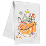 White kitchen towel with watercolor-style pumpkin overflowing with colorful Halloween candy