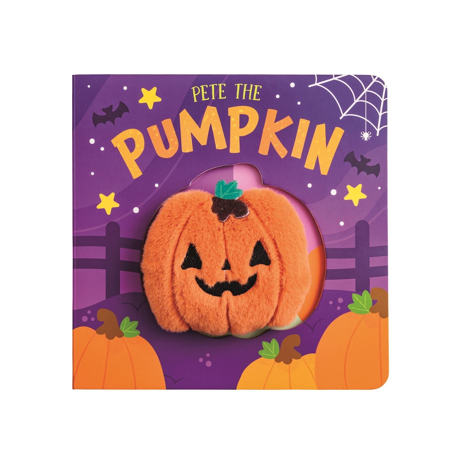 A children's Halloween-themed plush book titled 'Pete the Pumpkin' with a picture of a smiling pumpkin on the cover