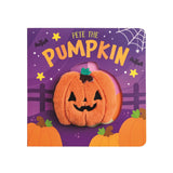 A children's Halloween-themed plush book titled 'Pete the Pumpkin' with a picture of a smiling pumpkin on the cover