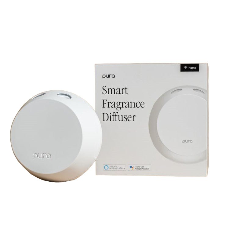 Pura smart home fragrance diffuser with app control, adjustable scent intensity, and sleek white design.