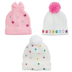 3 toddler beanies with rainbow rhinestones, bow detail, and pom-poms, sized 3T–5T