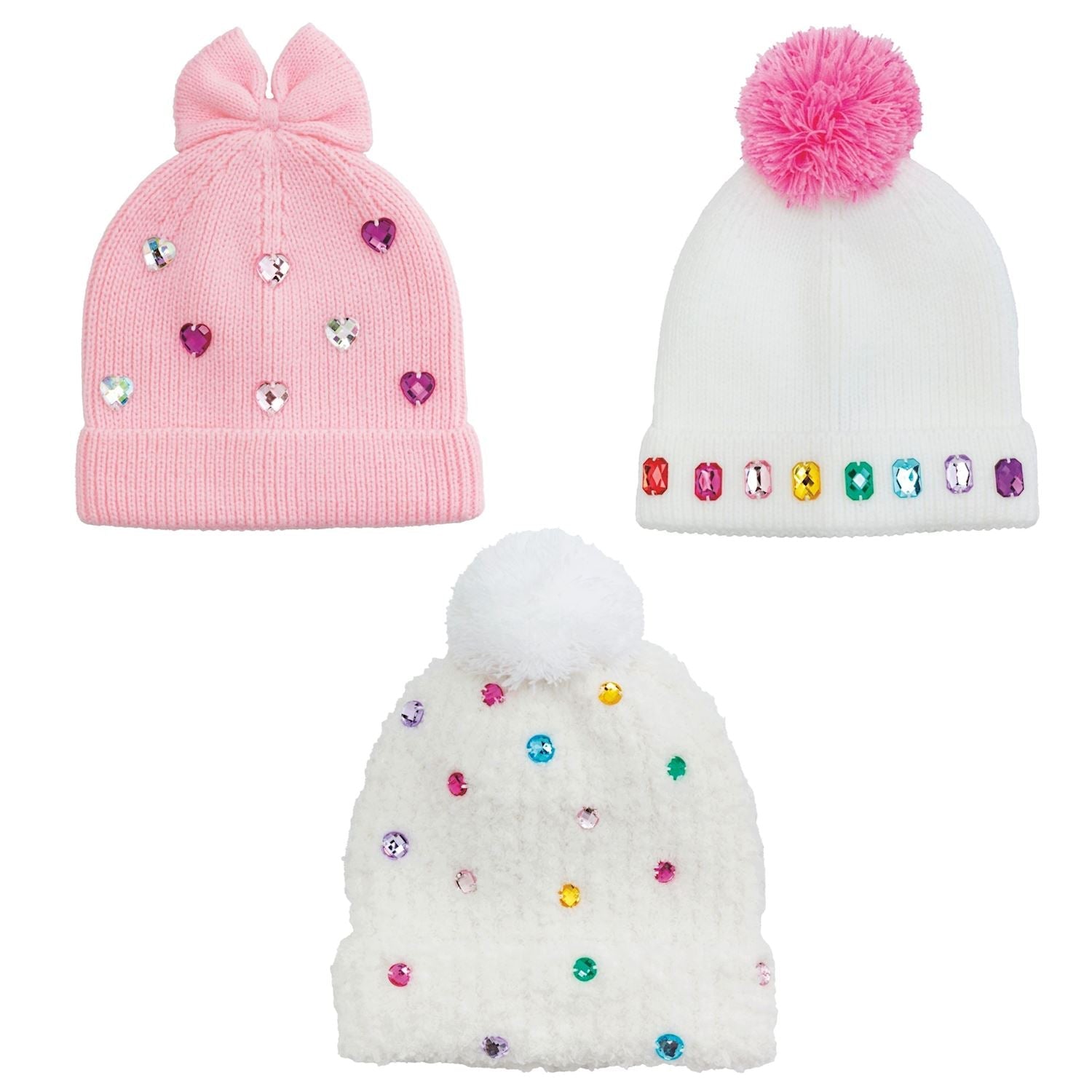 3 toddler beanies with rainbow rhinestones, bow detail, and pom-poms, sized 3T–5T