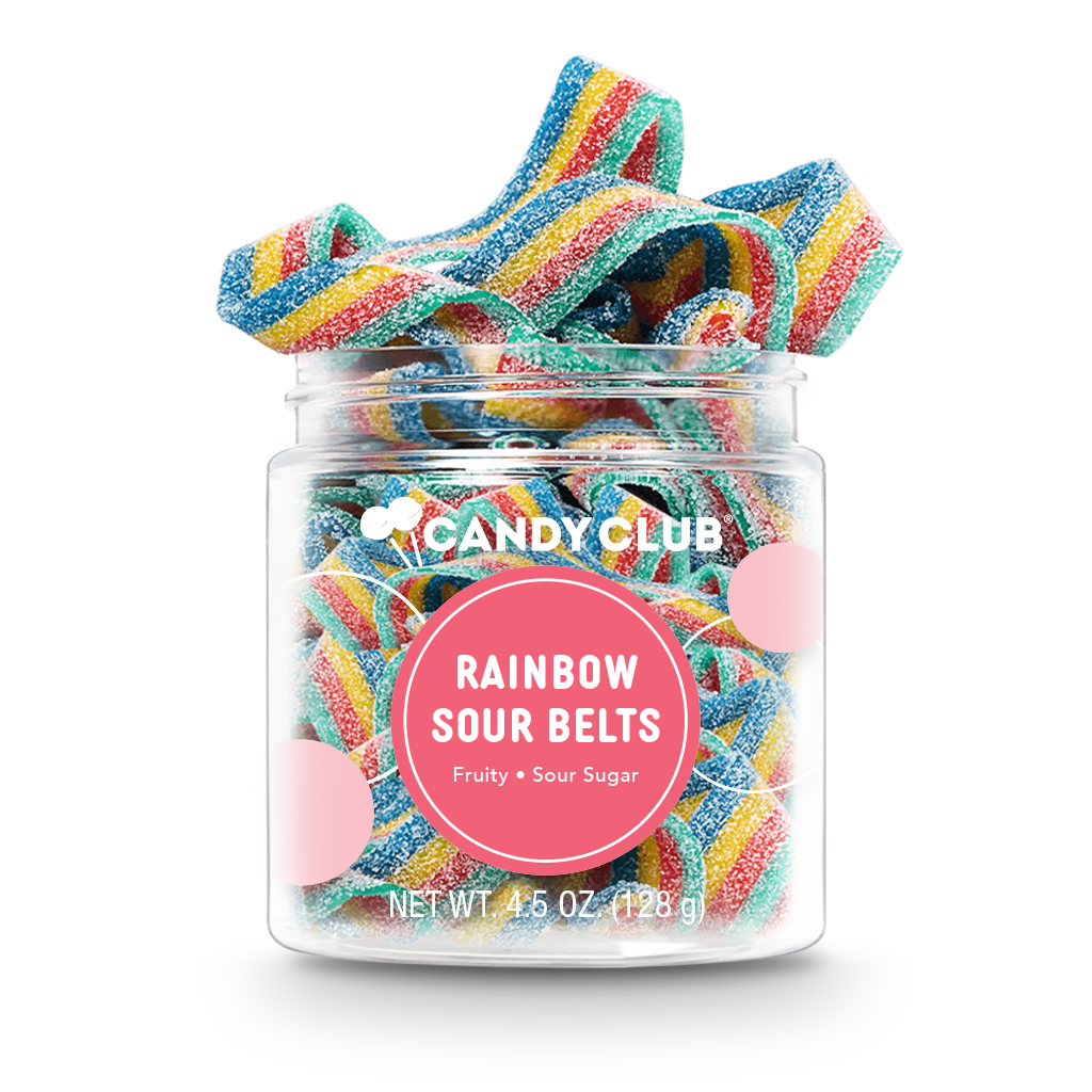 Jar of rainbow sour belts with 'Candy Club' label on a white background