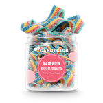 Jar of rainbow sour belts with 'Candy Club' label on a white background