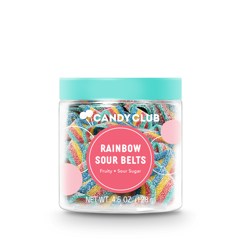 Jar of Candy Club Rainbow Sour Belts on a white background
