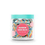 Jar of Candy Club Rainbow Sour Belts on a white background