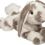 Ramsey the Gray Spotted DLux plush bunny – 18-inch soft lop eared stuffed rabbit with gray and white fur, realistic floppy design, and pink nose.