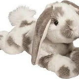 Ramsey the Gray Spotted DLux plush bunny – 18-inch soft lop eared stuffed rabbit with gray and white fur, realistic floppy design, and pink nose.