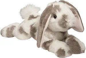 Ramsey the Gray Spotted DLux plush bunny – 18-inch soft lop eared stuffed rabbit with gray and white fur, realistic floppy design, and pink nose.
