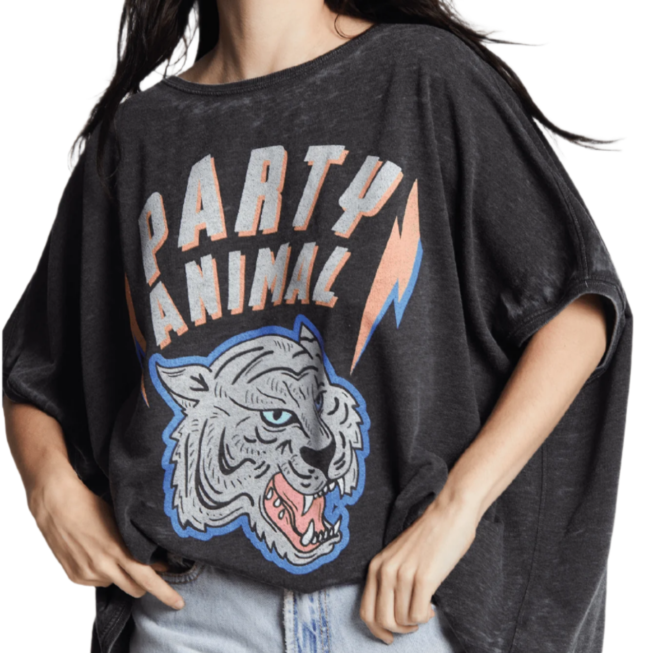 Model wearing oversized black “Party Animal” graphic sweatshirt with vintage wildcat design and lightning bolts