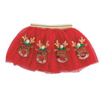 Red mesh girls Christmas tutu with sequin reindeer faces, gold antlers, and pom-pom details