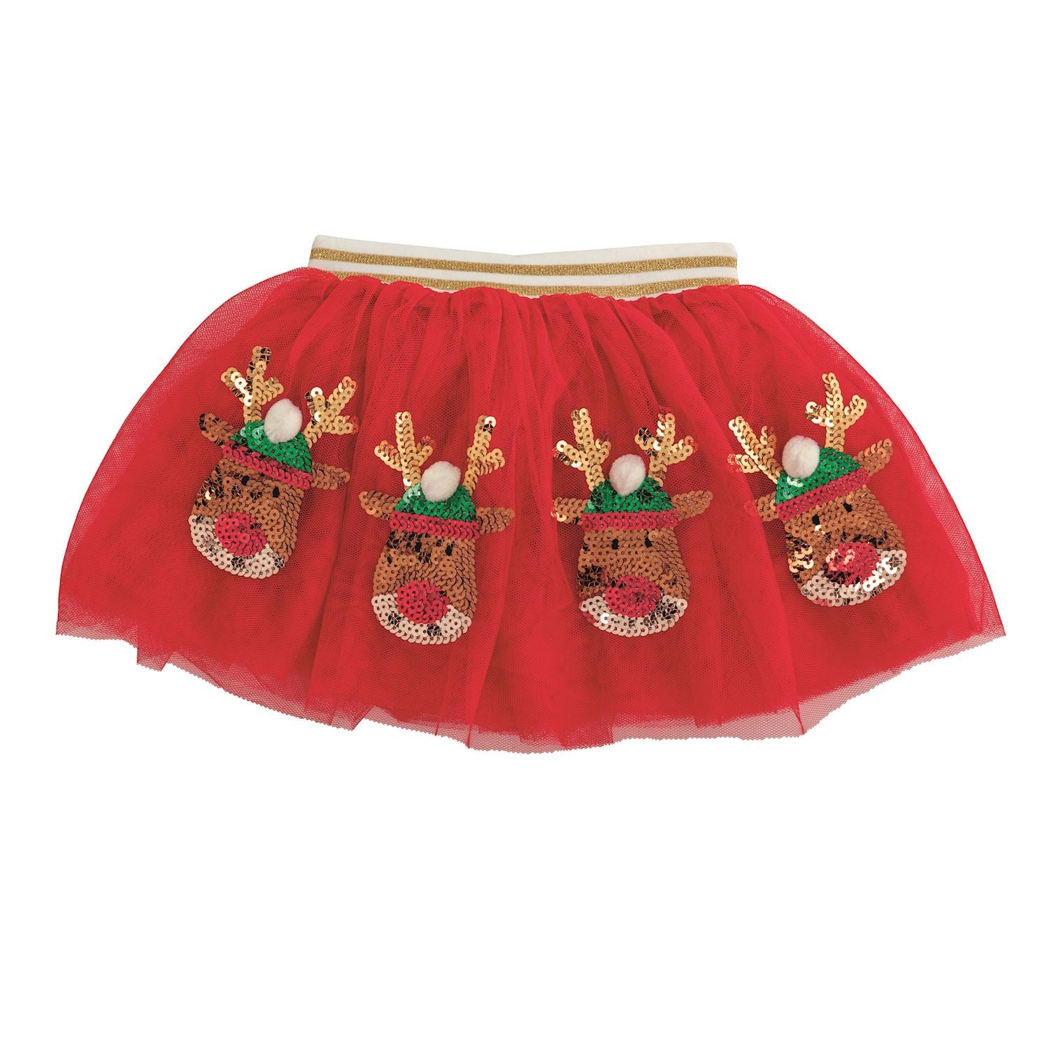 Red mesh girls Christmas tutu with sequin reindeer faces, gold antlers, and pom-pom details