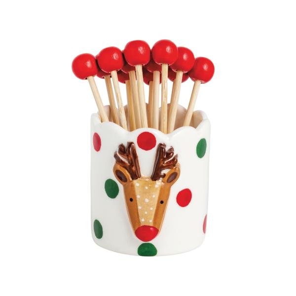 Hand-painted reindeer toothpick holder with red and green dots