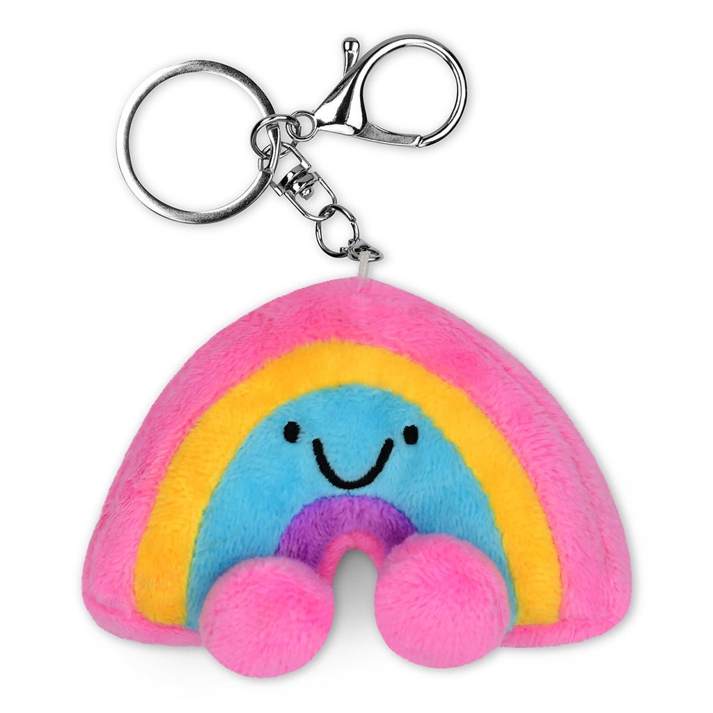 Plush rainbow keychain with smiling face and pink, yellow, blue, and purple stripes